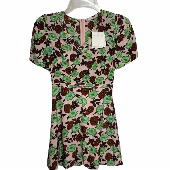NWT Sandro Size US 0 / 34 Antropique floral silk crepe dress short sleeve mini - Picture 3 of 11